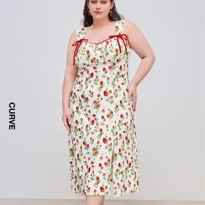 Square Neck Strawberry Graphic Knot Split Midi Dress